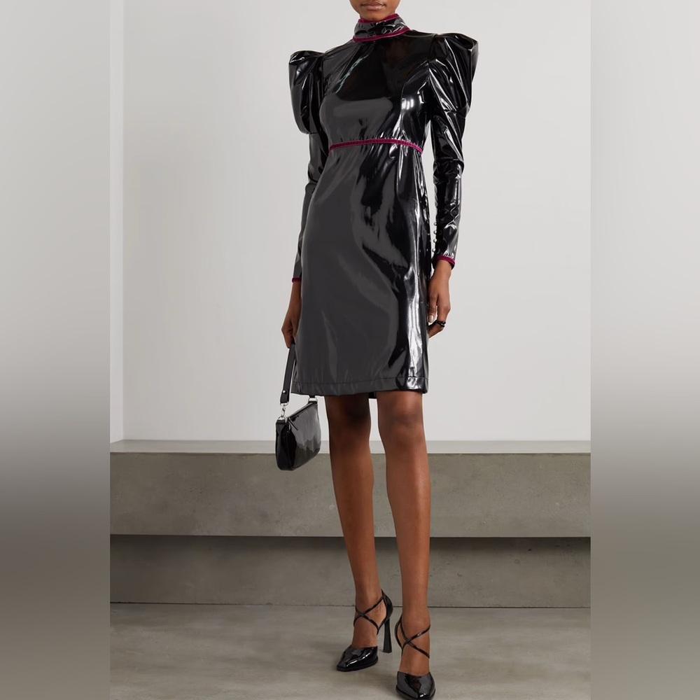 Batsheva Tate velvet trimmed vinyl dress pearl accents 4